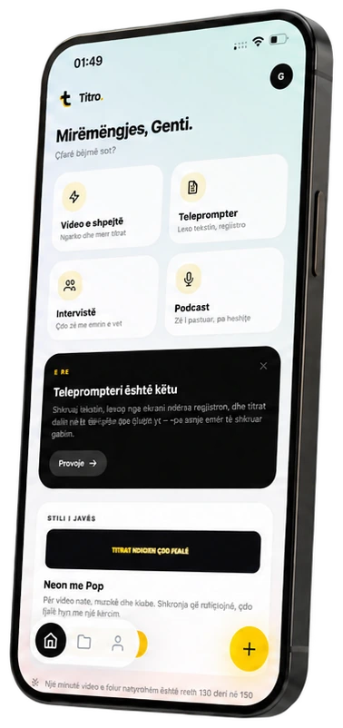 Titro on a phone, showing the home screen and subtitle tools