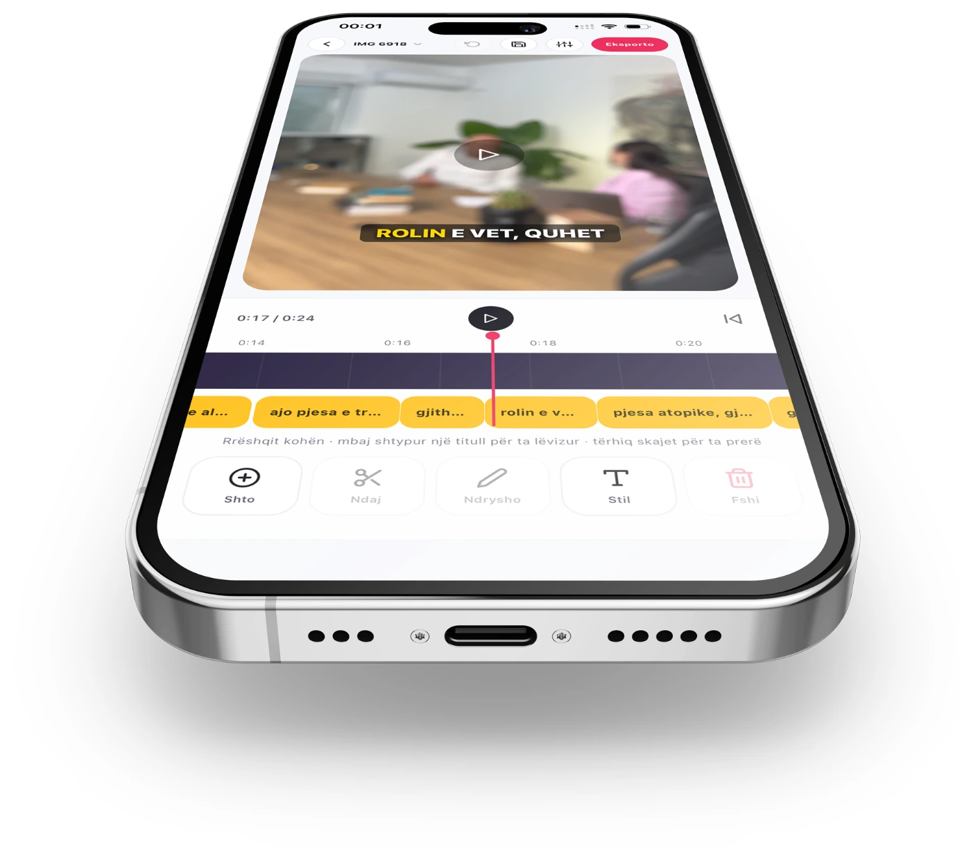 Titro on iPhone: the timeline editor with subtitles burned onto a video